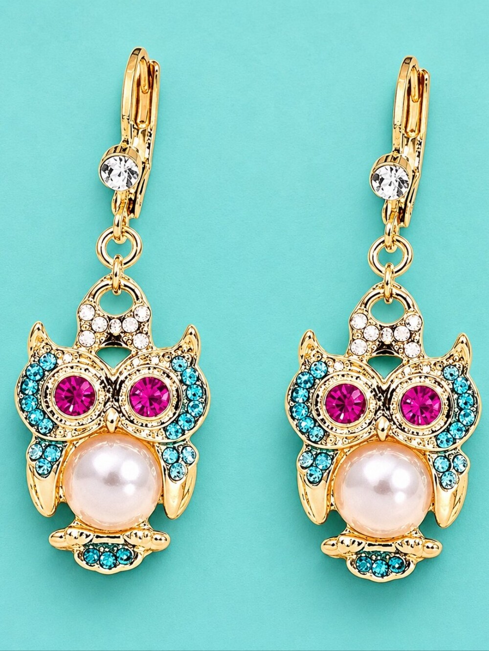 BETSEY JOHNSON JEWELED PEARL OWL EARRINGS
